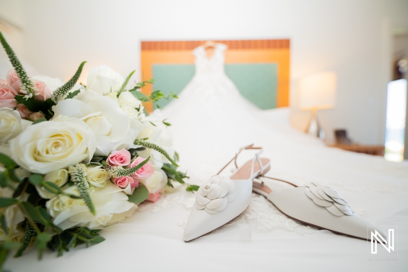 Bride's dress, bouquet and shoes