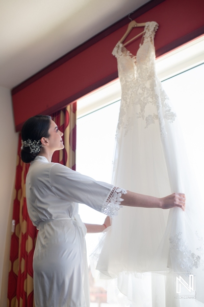 Bride looking at the dress