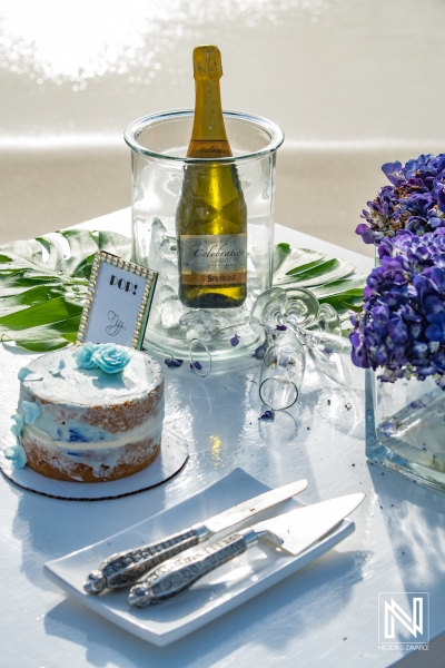 Beach wedding cake decoration with purple and blue