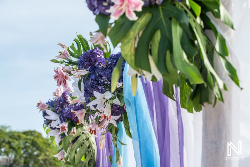 Beach wedding gazebo decoration with  flowers