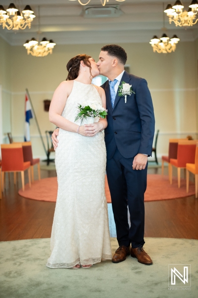Bride and groom kiss