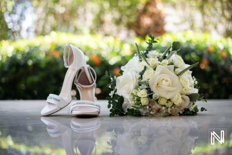 Bridal shoes and bouquet