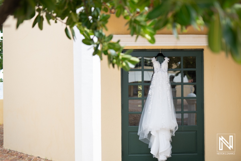 A Beautiful Wedding Dress Hanging on a Green Door in a Charming Venue Surrounded by Lush Greenery During Daylight