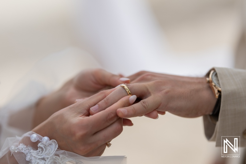 A Couple Exchanging Wedding Rings During an Intimate Ceremony Outdoors Surrounded by Nature in a Sunny Setting