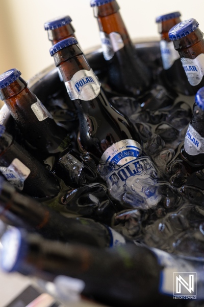 Cold bottles of beer submerged in ice in a bucket at a gathering on a warm day, ready to be served to guests