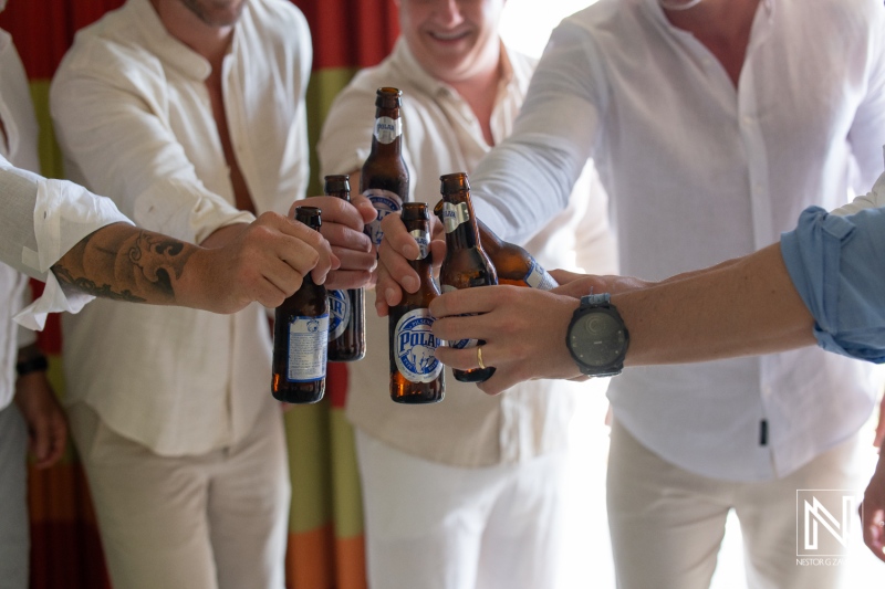 Friends celebrating together at a beachside gathering while raising bottles of beer in a casual toast during a sunny afternoon