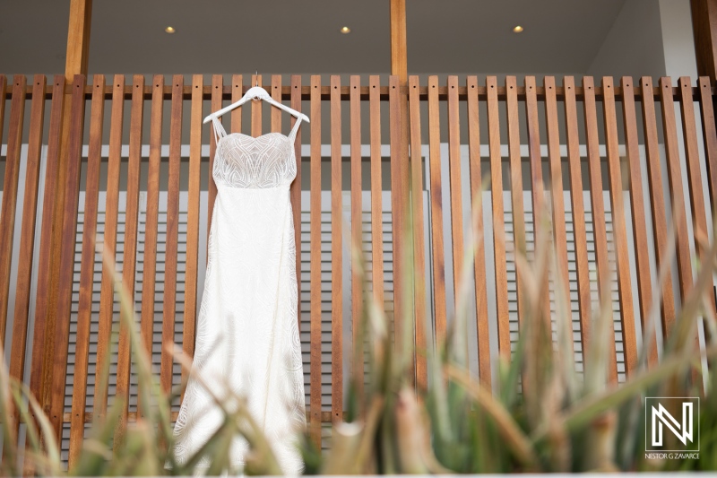 Elegant wedding dress displayed at Rif at Mangrove Beach in Curacao, capturing the romantic essence of a beachfront celebration