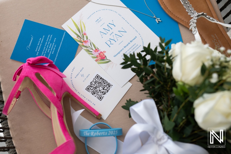 Celebration details for a wedding in Curacao at The Rif at Mangrove Beach Corendon with vibrant elements and personal touches