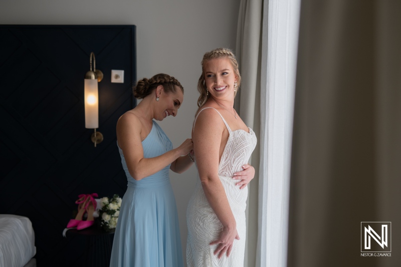 Bridal preparation at Rif at Mangrove Beach Corendon in Curacao for a tropical wedding celebration