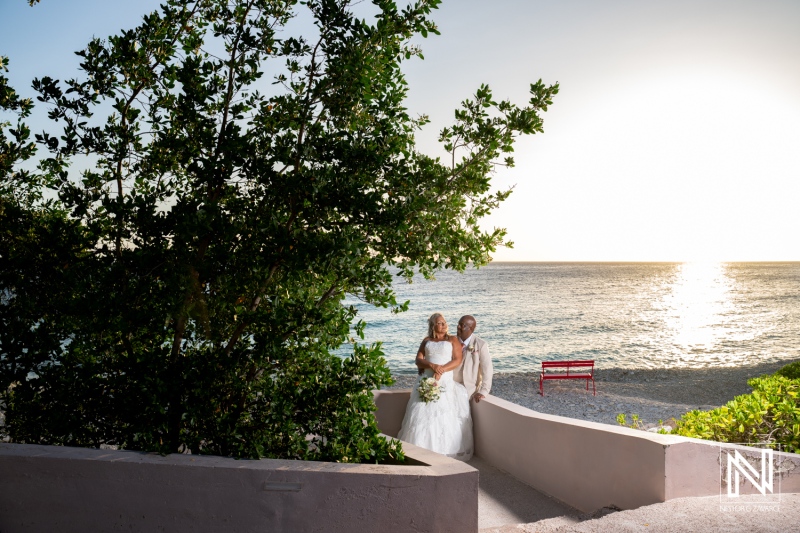 Wedding celebration at Karakter in Curacao with sunset view by the ocean
