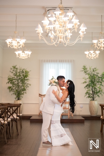 Couple exchanges vows during a wedding ceremony at Avila Beach Hotel in Curacao