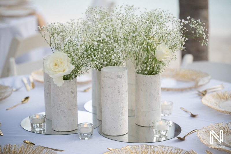 Wedding setup at Avila Beach Hotel with flowers and decorations on tables