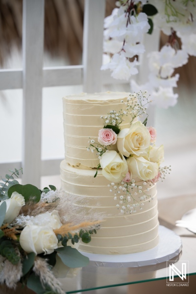Wedding cake display at Avila Beach Hotel during a Curacao wedding ceremony