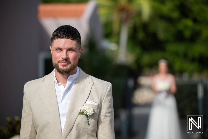 Groom waiting with anticipation at his wedding ceremony at Karakter in Curacao