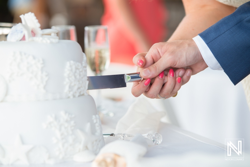 Hands cutting the beach wedding cake
