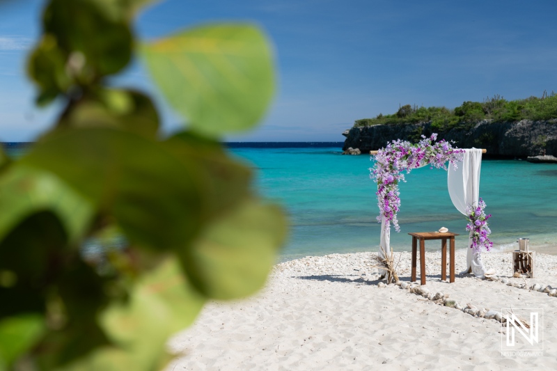 Decorative Floral Arch Set up for a Beach Wedding in a Tropical Paradise During a Sunny Day With Crystal-Clear Waters and Gentle Waves