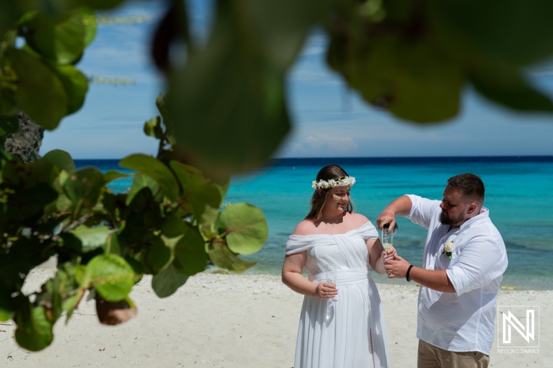 A Couple Celebrates Their Wedding on a Picturesque Beach With Turquoise Waters, Surrounded by Lush Greenery on a Bright Sunny Day