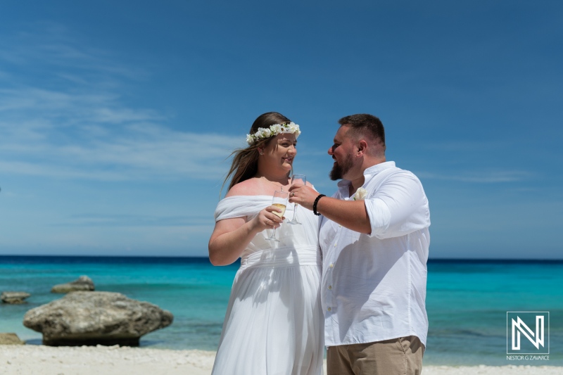 Couple Enjoying a Toast on a Tropical Beach Under a Clear Blue Sky During Their Wedding Celebration