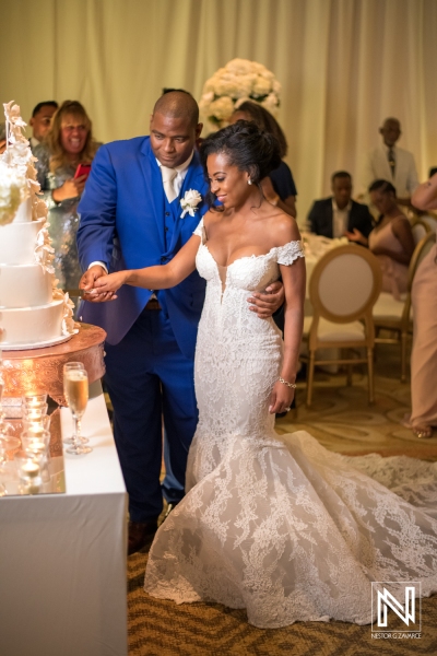 Bride and groom cutting the cake