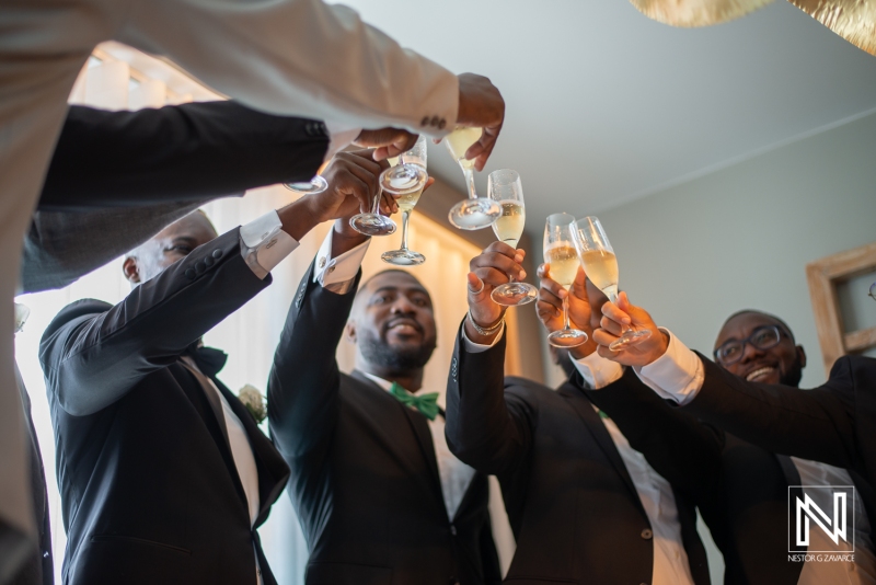 Groom and groomsmen cheers