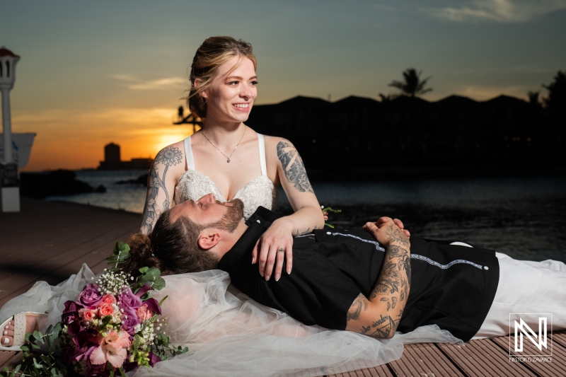 Bride and groom sunset photoshoot session at Avila Beach Hotel