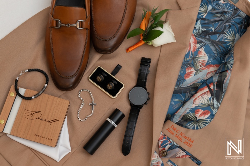 Elegant wedding details arranged for a destination celebration at Avila Beach Hotel in Curacao on June 14, 2023