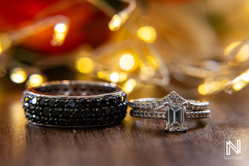 Elegant wedding rings feature at Avila Beach Hotel in Curacao during a romantic destination wedding ceremony