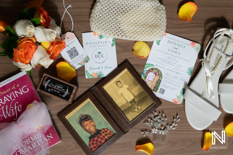 Vibrant wedding details and keepsakes at Avila Beach Hotel in Curacao celebrating Donnell and Ciara's special day