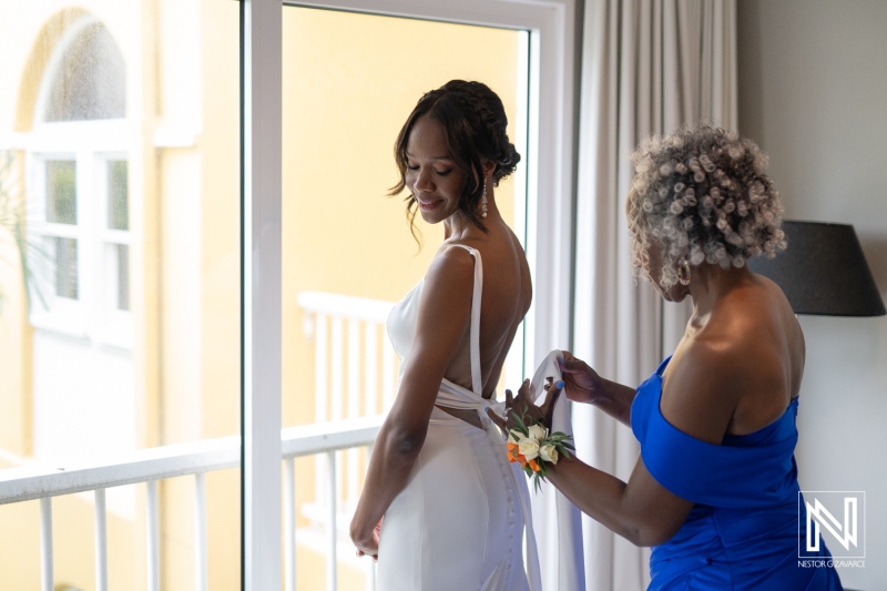 Wedding preparation at Avila Beach Hotel in Curacao with a bride getting ready for her special day