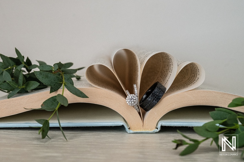 A Decorative Arrangement of a Book With Folded Pages, Featuring a Sparkling Engagement Ring and a Wedding Band, With Green Foliage Accentuating the Display