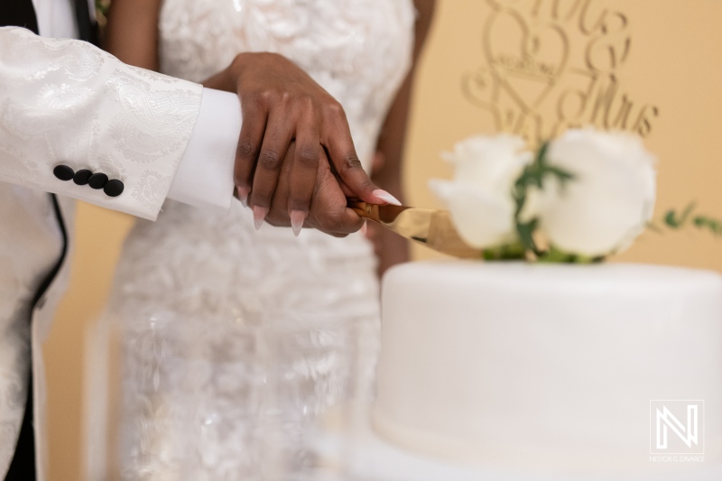 Couple Joyfully Cutting Their Wedding Cake Together, Surrounded by Elegant Decor During a Joyful Celebration at Their Wedding Reception