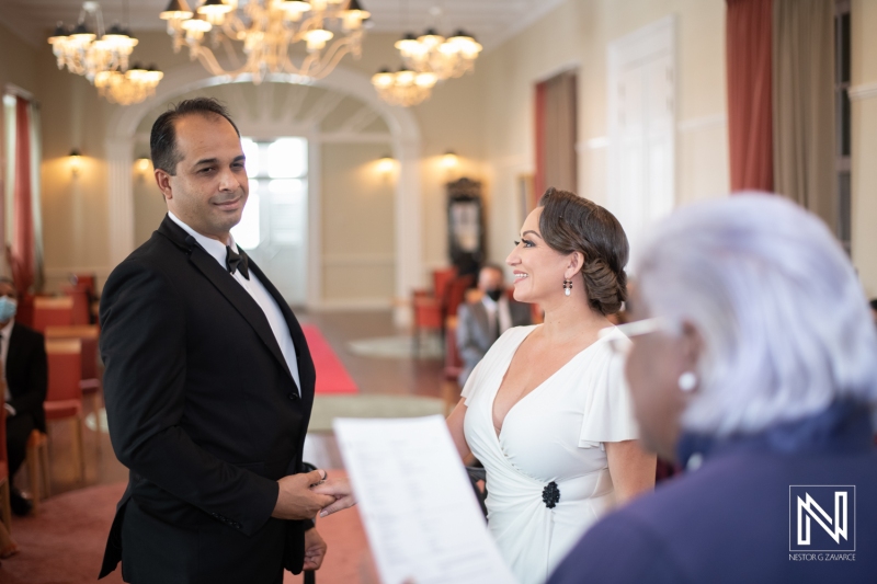 Bride and groom smiling