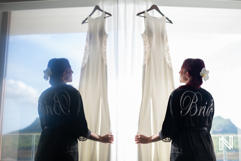 Bride looking at the dress