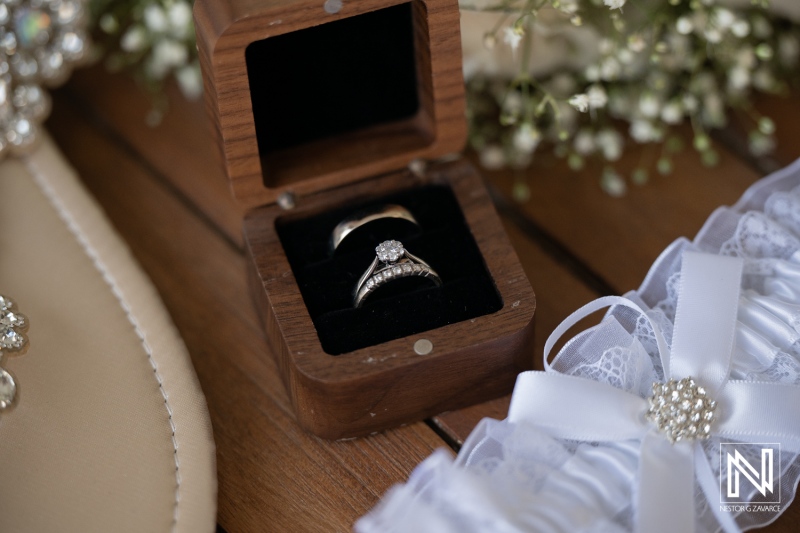 Wedding rings on display at Playa Hunku in Curacao during a wedding ceremony