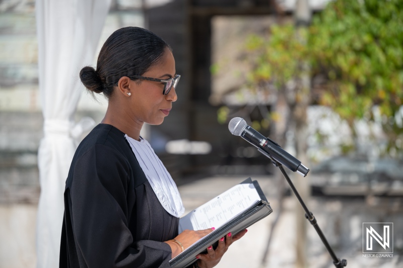Wedding ceremony at Playa Hunku in Curacao with officiant speaking