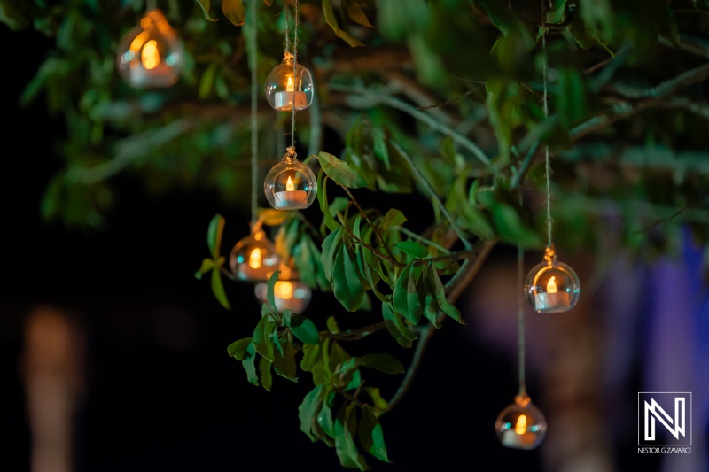 Wedding decorations with hanging lights at Playa Hunku in Curacao