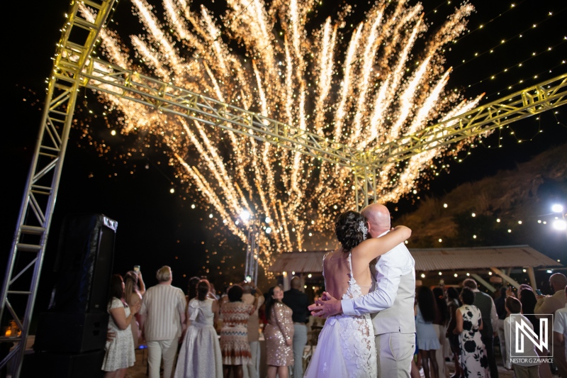 Wedding celebration at Playa Hunku with fireworks display in Curacao