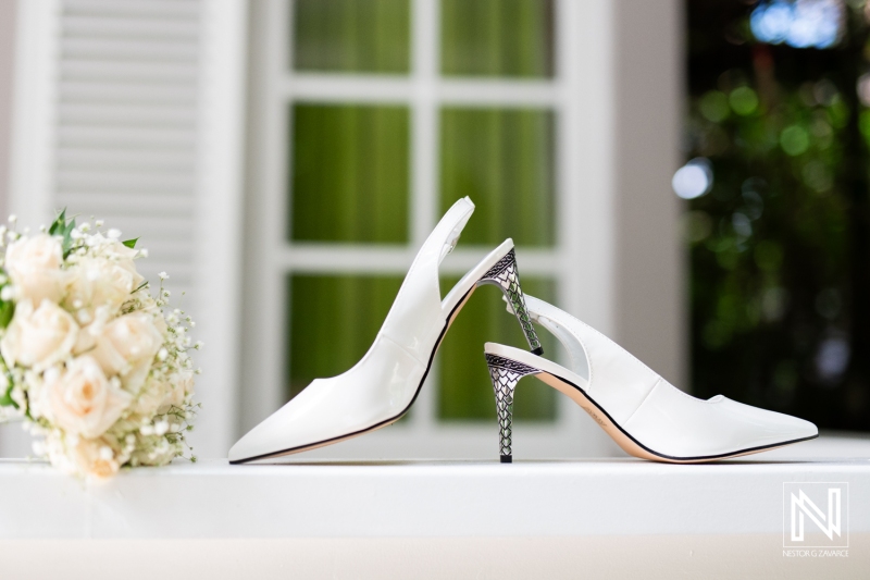 Bridal shoes and bouquet