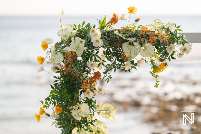 Beautiful floral decoration at Landhuis San Nicolas for a wedding celebration in Curacao, capturing a moment of elegance by the seaside