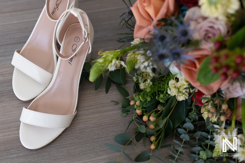 Bridal shoes and bouquet