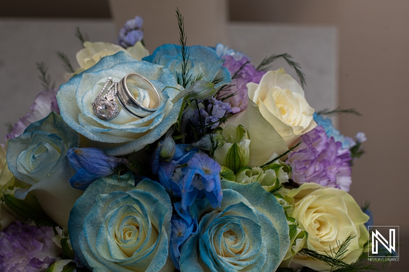 Wedding rings in bridal bouquet