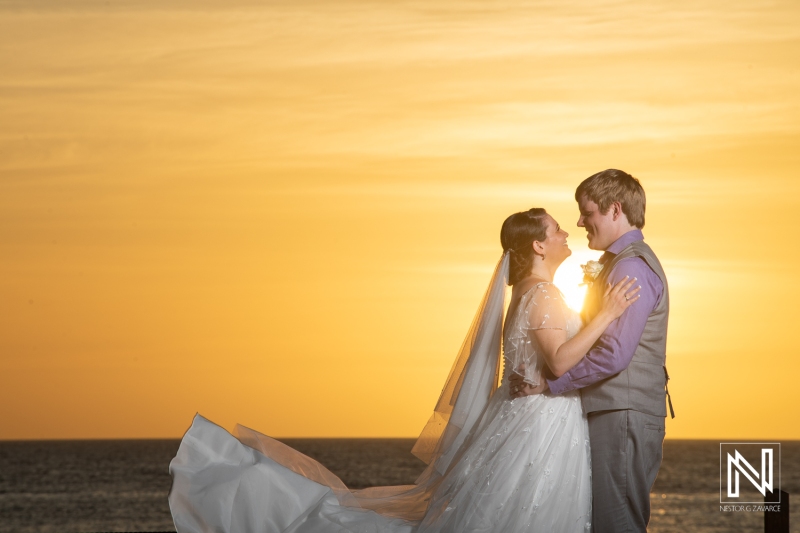 Sunset photo with bride and groom