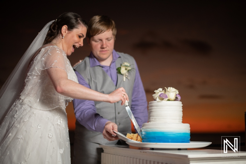Bride and groom cutting the cake