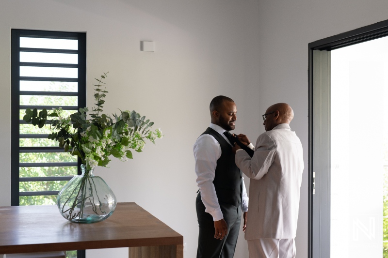 A Man Adjusts Another Man\'s Tie While Standing in a Modern, Well-Lit Room With Greenery and a Large Window in the Background During a Significant Occasion