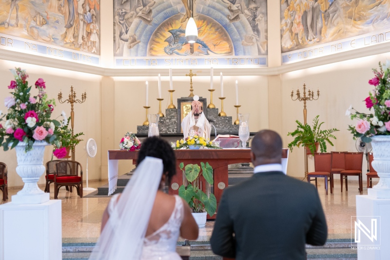 A Couple Exchanging Vows in a Beautifully Decorated Church During Their Wedding Ceremony in a Serene Atmosphere