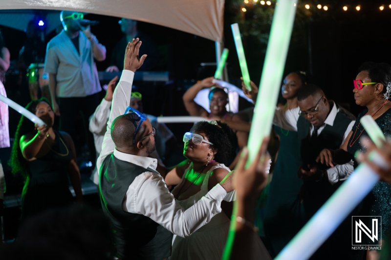 Guests Dance Joyfully Under Colorful Lights at a Wedding Reception in a Garden Setting During the Evening, Creating a Lively and Festive Atmosphere