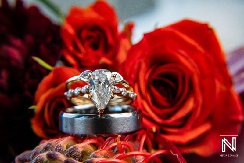 Wedding rings and flowers at Avila Beach Hotel in Curacao during a wedding ceremony