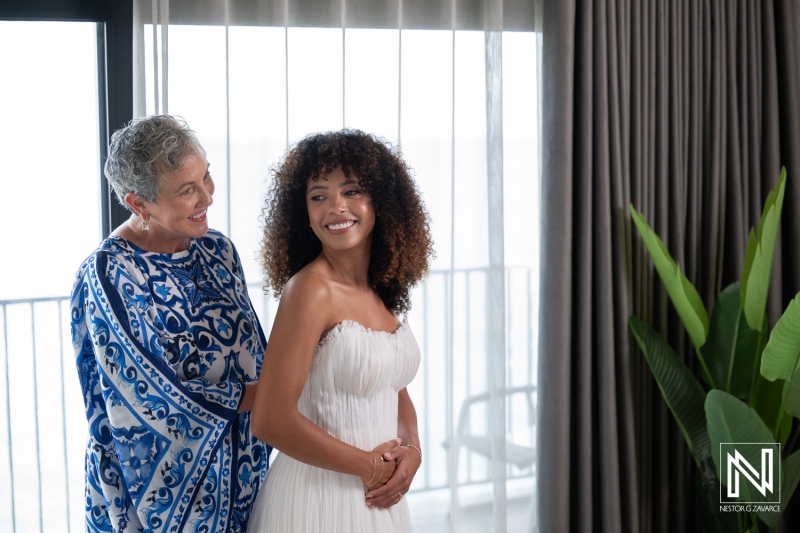 Bridal preparation at Avila Beach Hotel in Curacao on a special wedding day with family and friends nearby