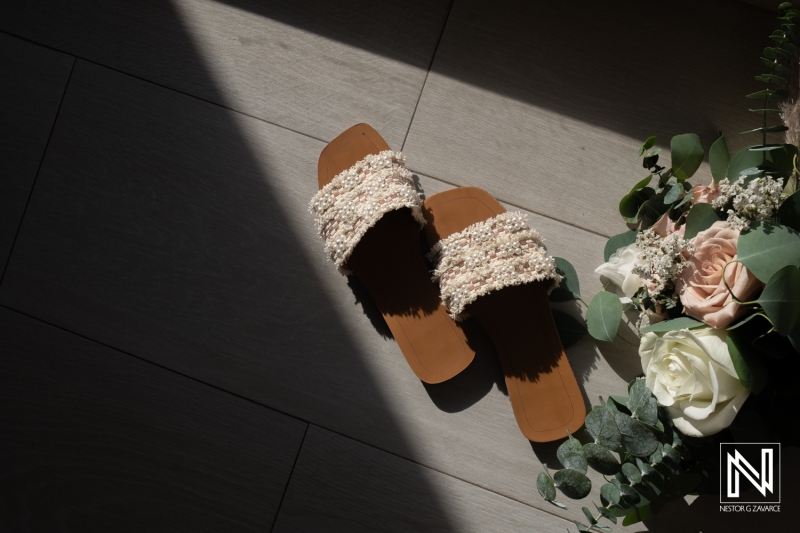 Bridal shoes and bouquet