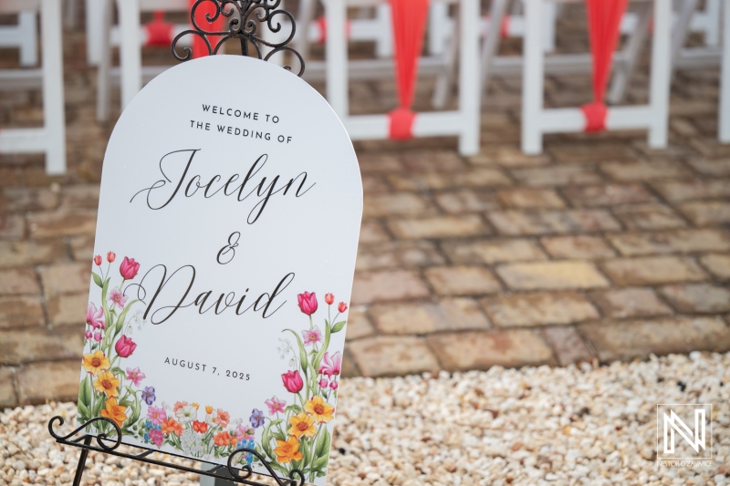 Wedding sign for Jocelyn and David at Dreams Curacao Resort Spa Casino in Curacao on August 7, 2023